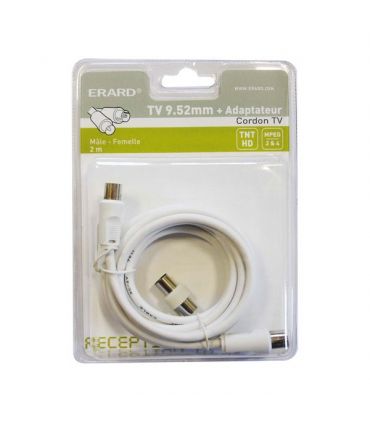 Cordon tv 2m 9.52mm male/femelle + adaptateur