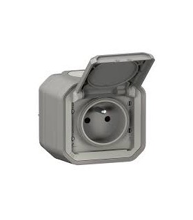 Prise 2 phases+terre plexo apparente gris