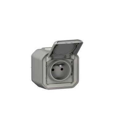 Prise 2 phases+terre plexo apparente gris