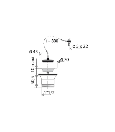 Bonde à bouchon évier inox 1"1/2 d50mm